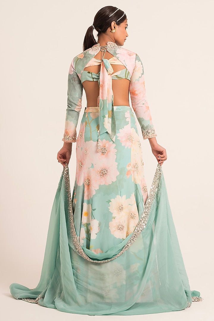 Blue Crepe Embroidered & Floral Printed Wedding Lehenga Set by Ruhr India at Pernia's Pop Up Shop