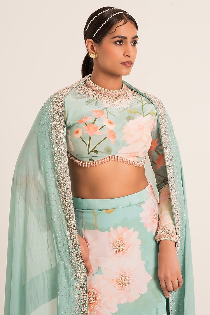 Blue Crepe Embroidered & Floral Printed Wedding Lehenga Set by Ruhr India at Pernia's Pop Up Shop