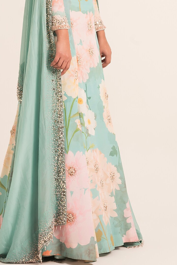 Blue Crepe Embroidered & Floral Printed Wedding Lehenga Set by Ruhr India at Pernia's Pop Up Shop