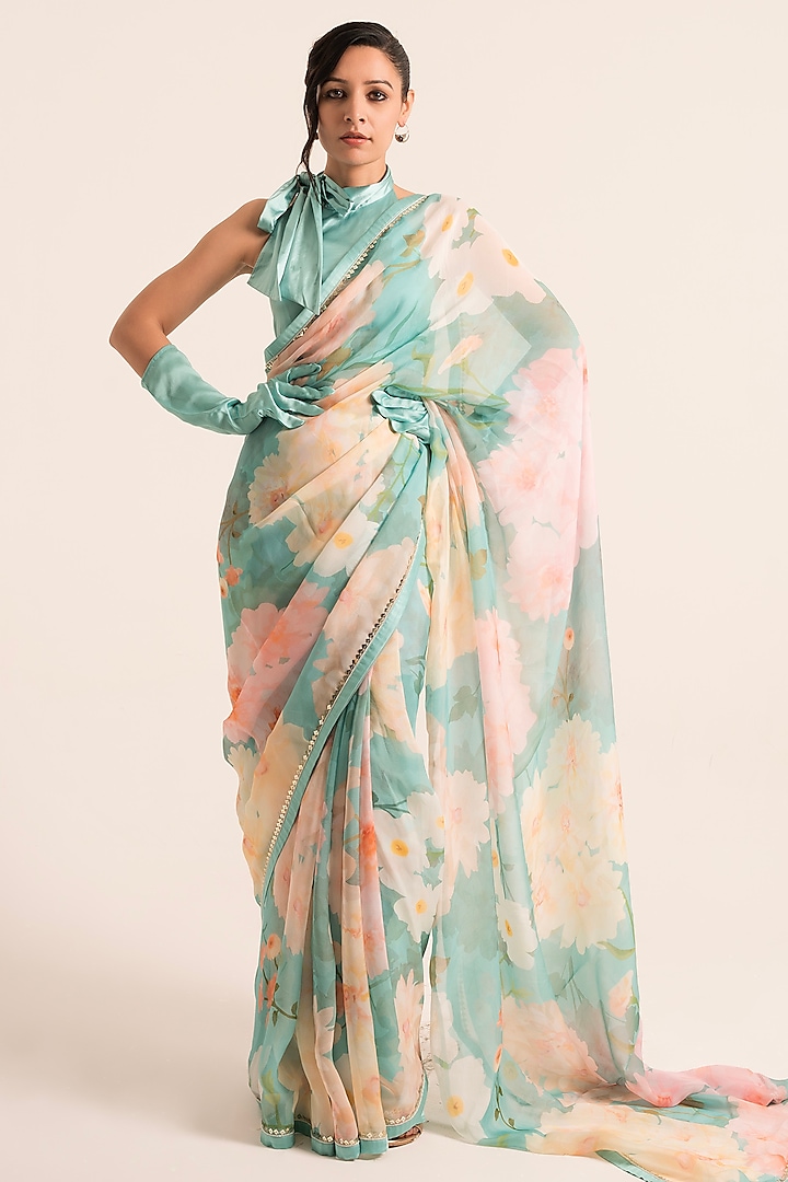 Blue Organza Floral Printed Saree Set by Ruhr India