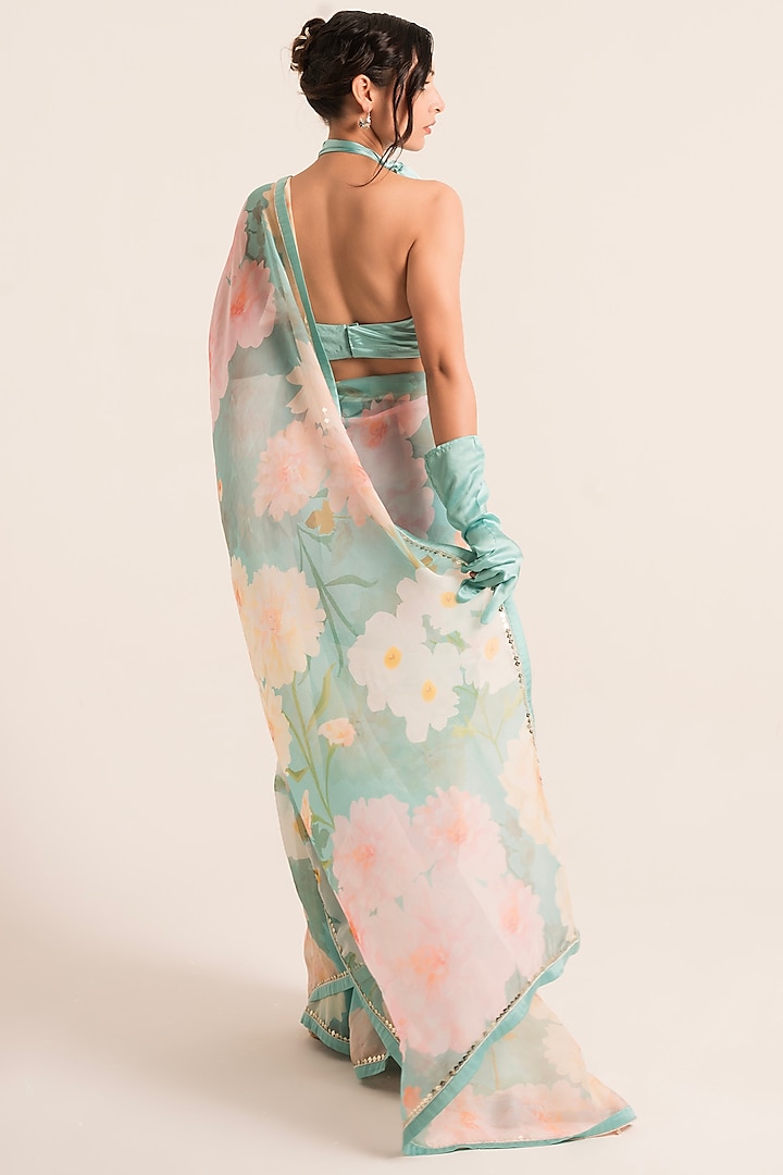 Blue Organza Floral Printed Wedding Saree Set by Ruhr India at Pernia's Pop Up Shop