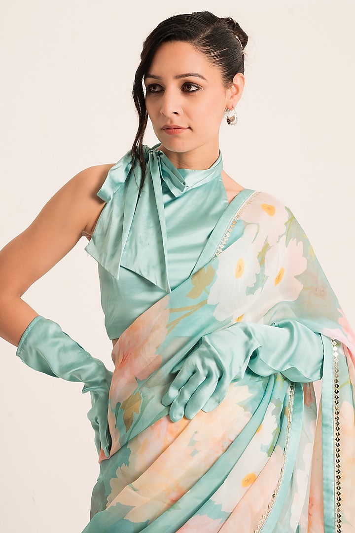 Blue Organza Floral Printed Wedding Saree Set by Ruhr India at Pernia's Pop Up Shop