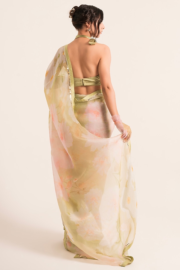 Green Organza Floral Printed Wedding Saree Set by Ruhr India at Pernia's Pop Up Shop