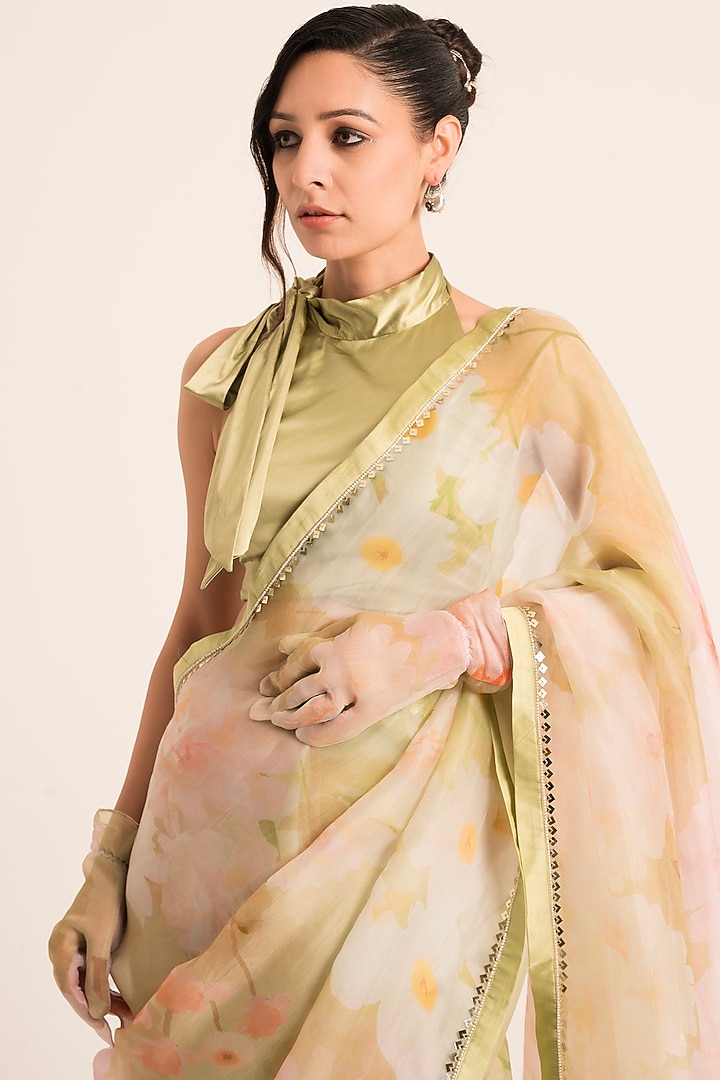Green Organza Floral Printed Wedding Saree Set by Ruhr India at Pernia's Pop Up Shop