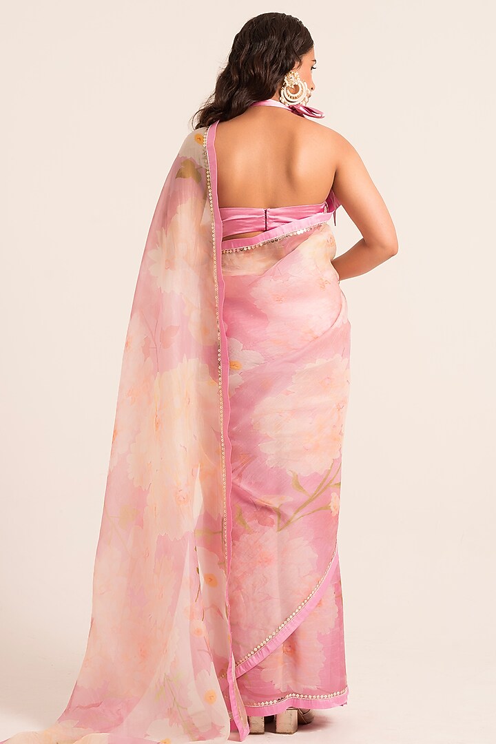 Pink Organza Floral Printed Wedding Saree Set by Ruhr India at Pernia's Pop Up Shop