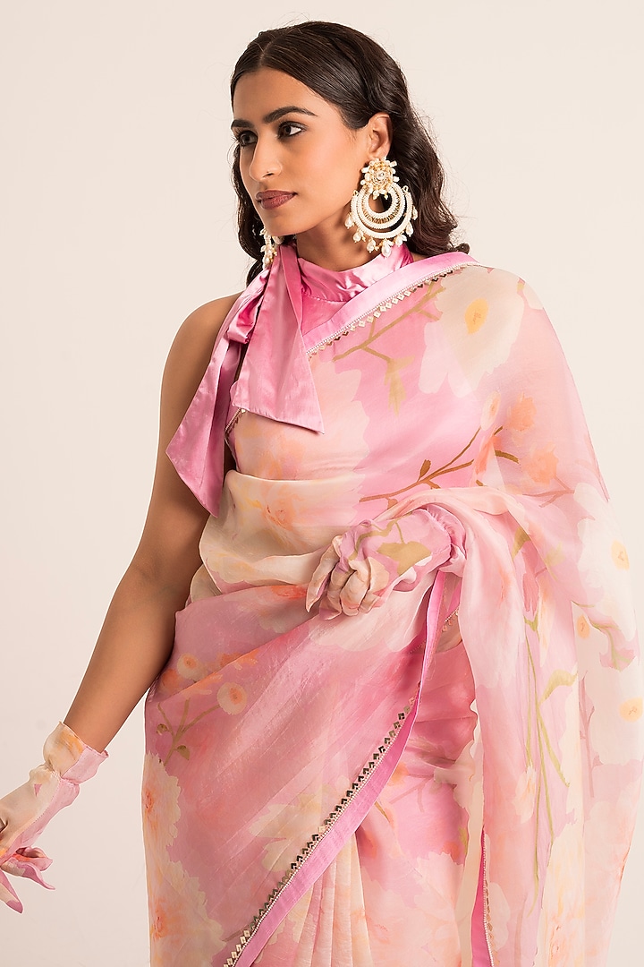 Pink Organza Floral Printed Wedding Saree Set by Ruhr India at Pernia's Pop Up Shop