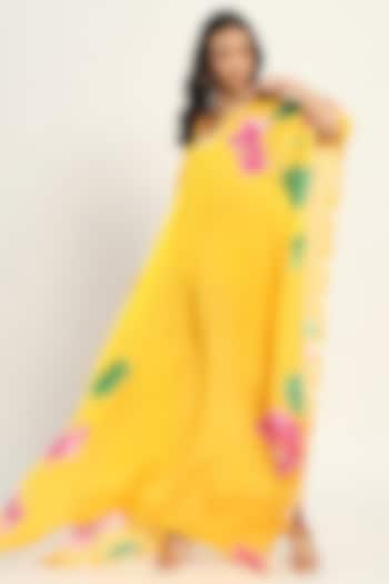 Yellow Crepe Bougainvillea Printed Kaftan Summer Dress by Ruhr India at Pernia's Pop Up Shop