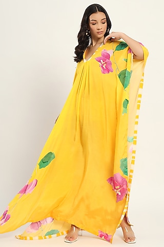 Yellow Crepe Bougainvillea Printed Kaftan Dress by Ruhr India