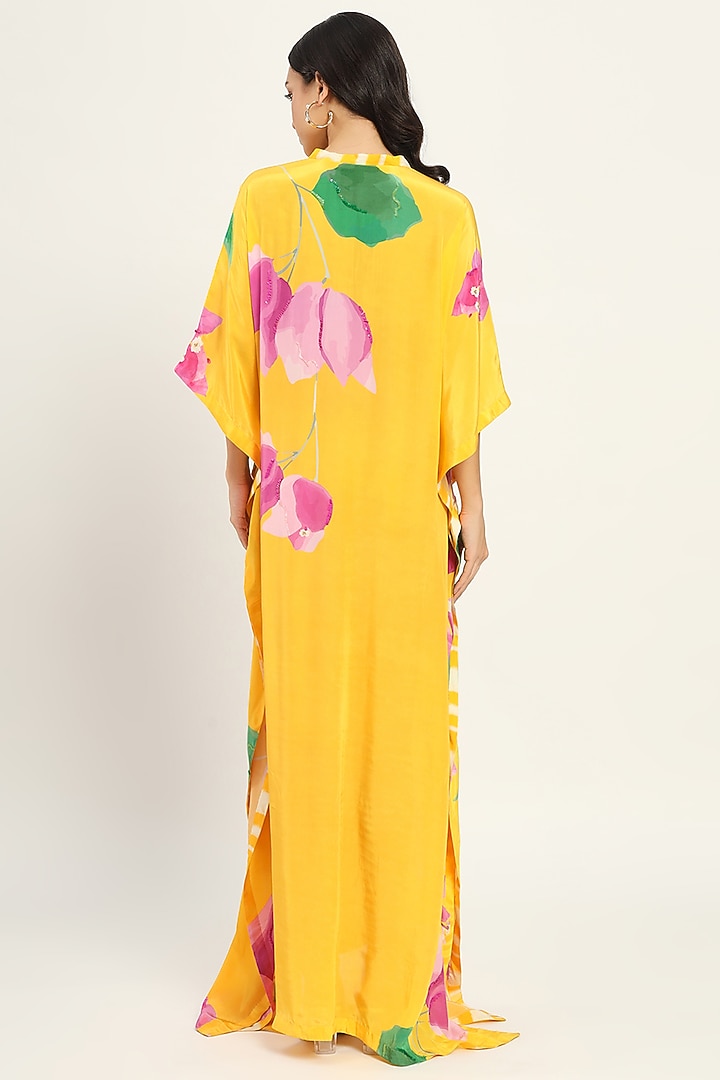 Yellow Crepe Bougainvillea Printed Kaftan Summer Dress by Ruhr India at Pernia's Pop Up Shop