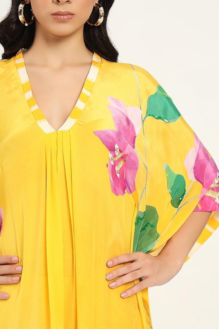 Yellow Crepe Bougainvillea Printed Kaftan Summer Dress by Ruhr India at Pernia's Pop Up Shop