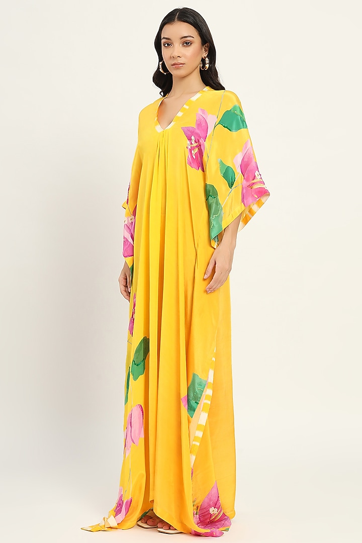 Yellow Crepe Bougainvillea Printed Kaftan Summer Dress by Ruhr India at Pernia's Pop Up Shop