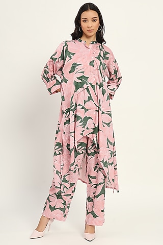 Multi-Colored Cotton Floral Printed Asymmetric Kurta Set by Ruhr India