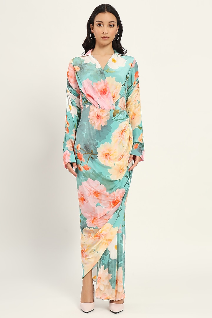 Pastel Blue Crepe Floral Printed Draped Vacation Dress by Ruhr India at Pernia's Pop Up Shop
