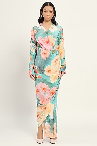 Pastel Blue Crepe Floral Printed Draped Dress by Ruhr India
