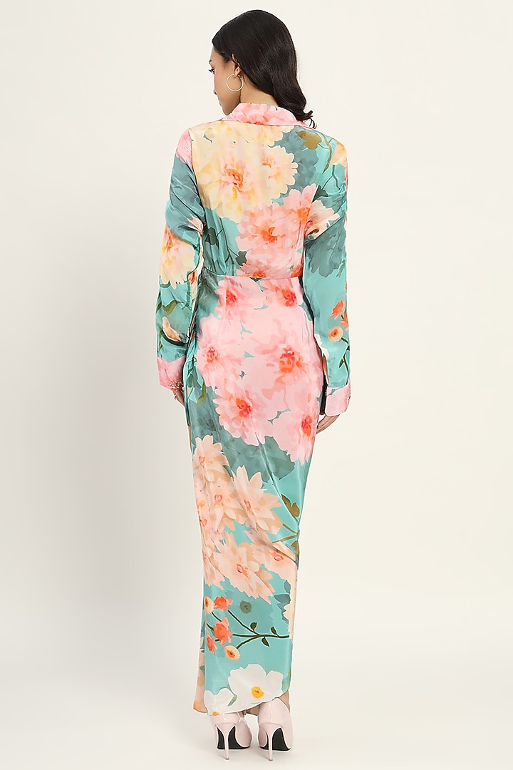 Pastel Blue Crepe Floral Printed Draped Vacation Dress by Ruhr India at Pernia's Pop Up Shop