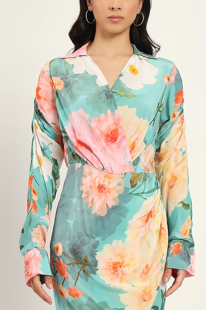 Pastel Blue Crepe Floral Printed Draped Vacation Dress by Ruhr India at Pernia's Pop Up Shop