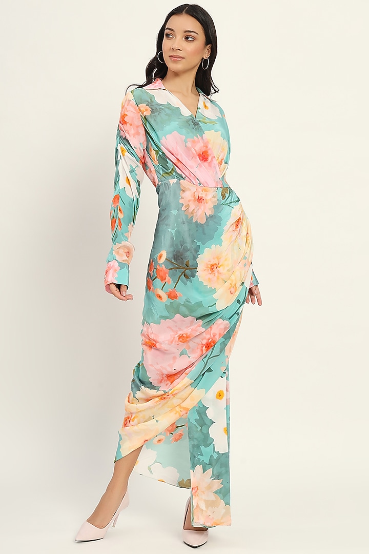 Pastel Blue Crepe Floral Printed Draped Vacation Dress by Ruhr India at Pernia's Pop Up Shop