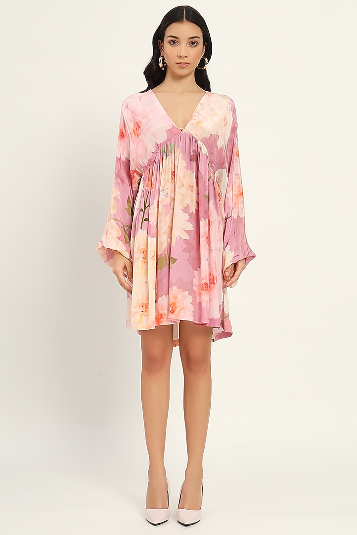 Pink Crepe Floral Printed A-Line Mini Summer Dress by Ruhr India at Pernia's Pop Up Shop