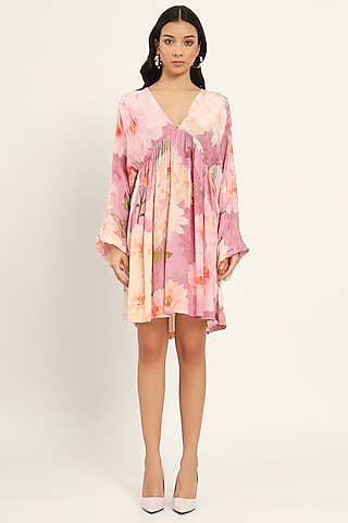 Pink Crepe Floral Printed A-Line Mini Dress by Ruhr India