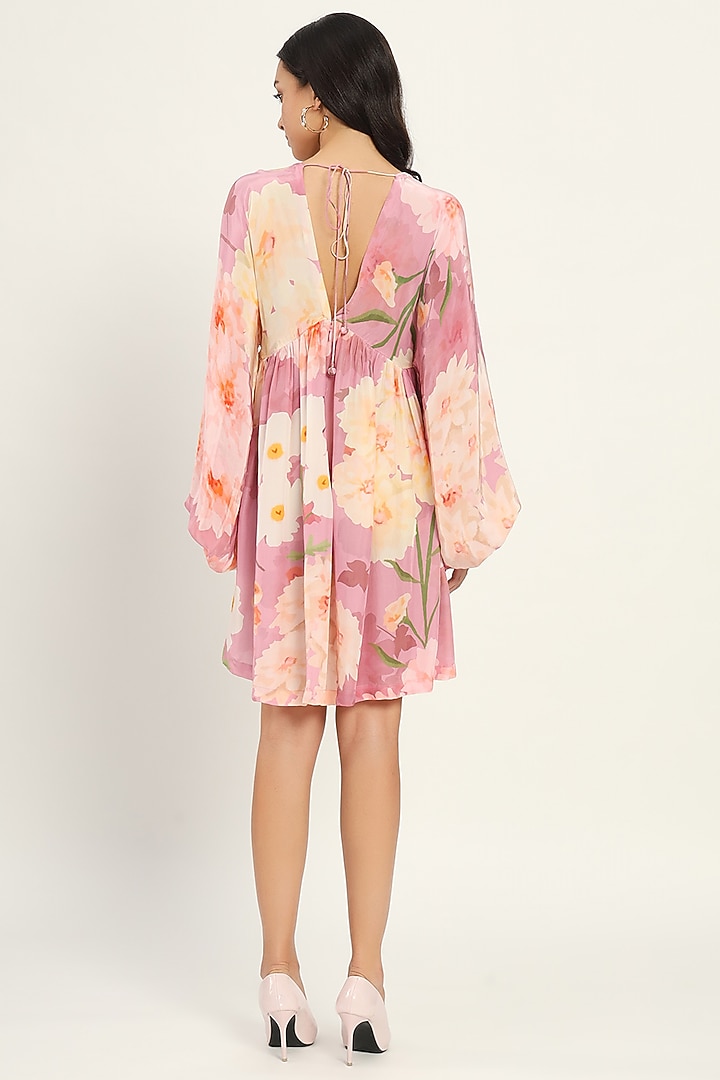 Pink Crepe Floral Printed A-Line Mini Summer Dress by Ruhr India at Pernia's Pop Up Shop