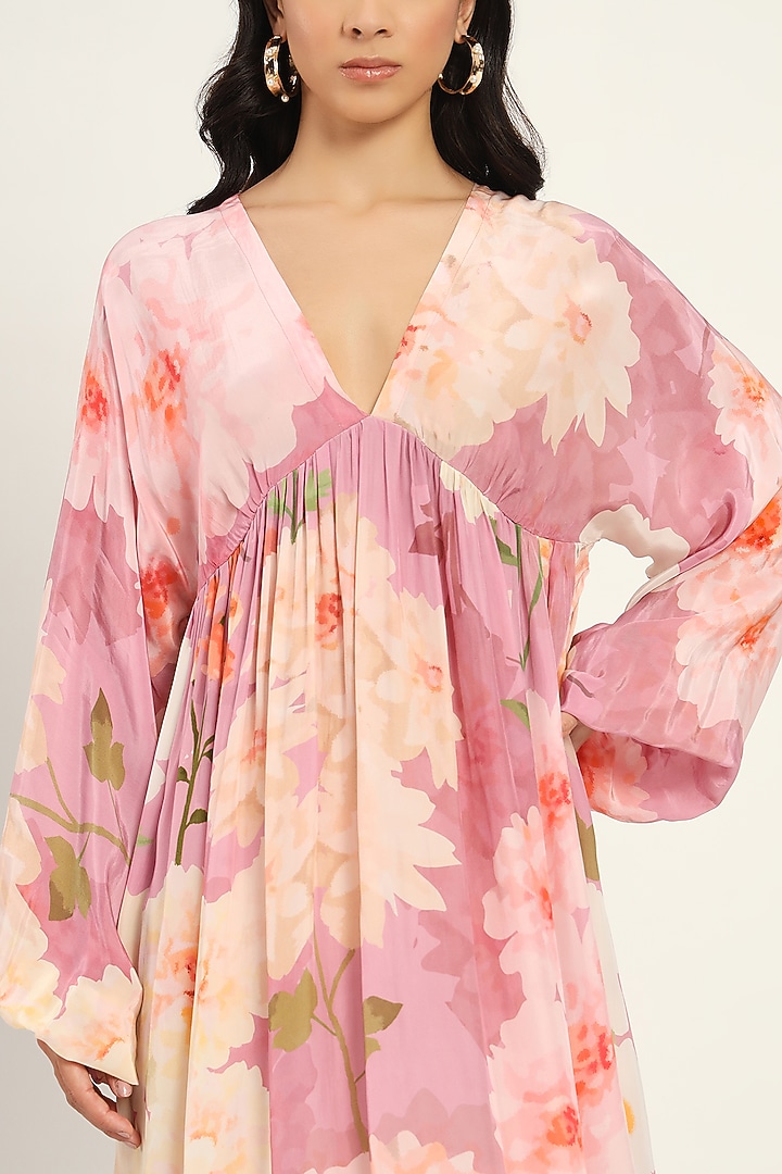 Pink Crepe Floral Printed A-Line Mini Summer Dress by Ruhr India at Pernia's Pop Up Shop