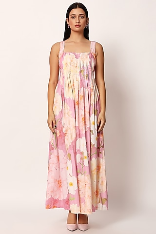 Multi-Colored Cotton Floral Printed A-Line Maxi Dress by Ruhr India