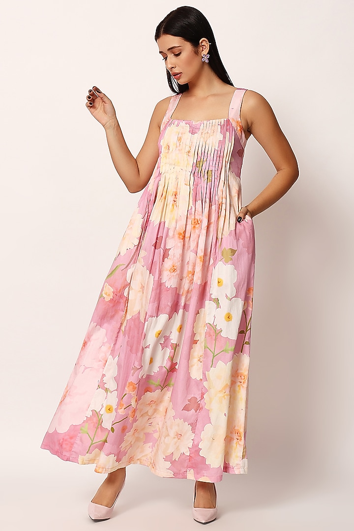 Multi-Colored Cotton Floral Printed A-Line Maxi Summer Dress by Ruhr India at Pernia's Pop Up Shop