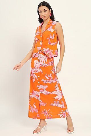 Orange Cotton Linen Printed Sleeveless Maxi Dress by Ruhr India
