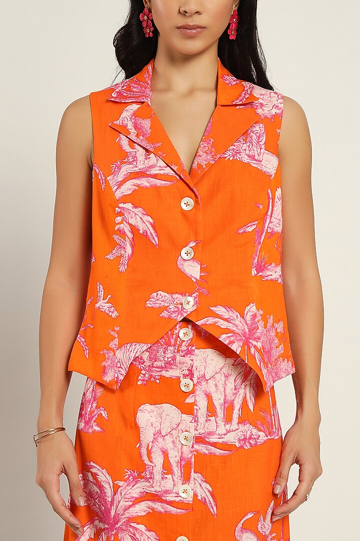 Orange Cotton Linen Printed Sleeveless Maxi Summer Dress by Ruhr India at Pernia's Pop Up Shop