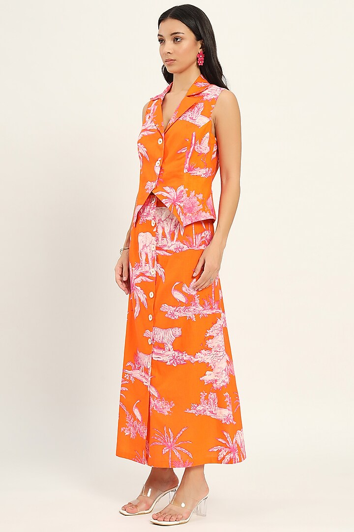Orange Cotton Linen Printed Sleeveless Maxi Summer Dress by Ruhr India at Pernia's Pop Up Shop
