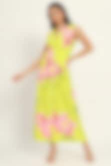 Green Cotton Linen Printed Sleeveless Maxi Dress by Ruhr India
