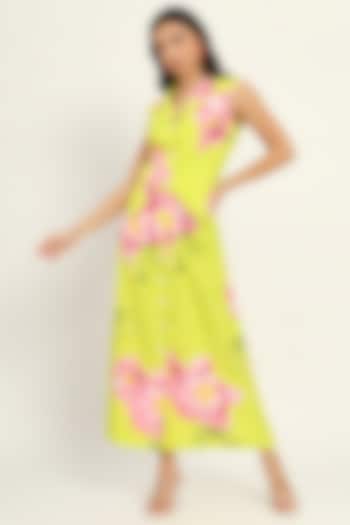 Green Cotton Linen Printed Sleeveless Maxi Summer Dress by Ruhr India at Pernia's Pop Up Shop