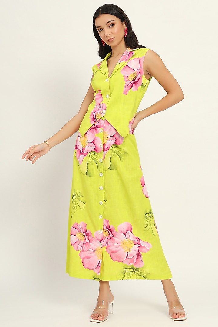 Green Cotton Linen Printed Sleeveless Maxi Summer Dress by Ruhr India at Pernia's Pop Up Shop