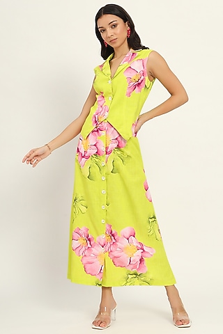 Green Cotton Linen Printed Sleeveless Maxi Dress by Ruhr India