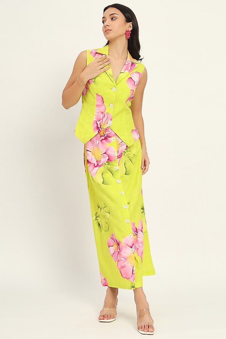 Green Cotton Linen Printed Sleeveless Maxi Summer Dress by Ruhr India at Pernia's Pop Up Shop