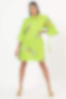 Green Cotton Giraffe Sequins Embroidered Mini Dress by Ruhr India