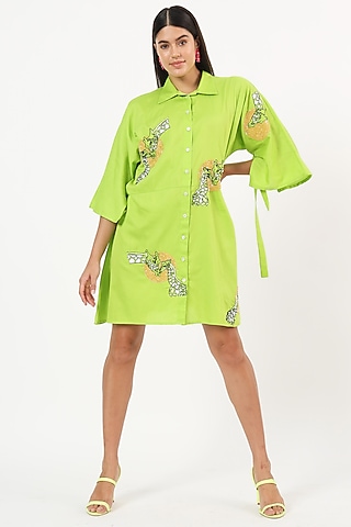 Green Cotton Giraffe Sequins Embroidered Mini Dress by Ruhr India