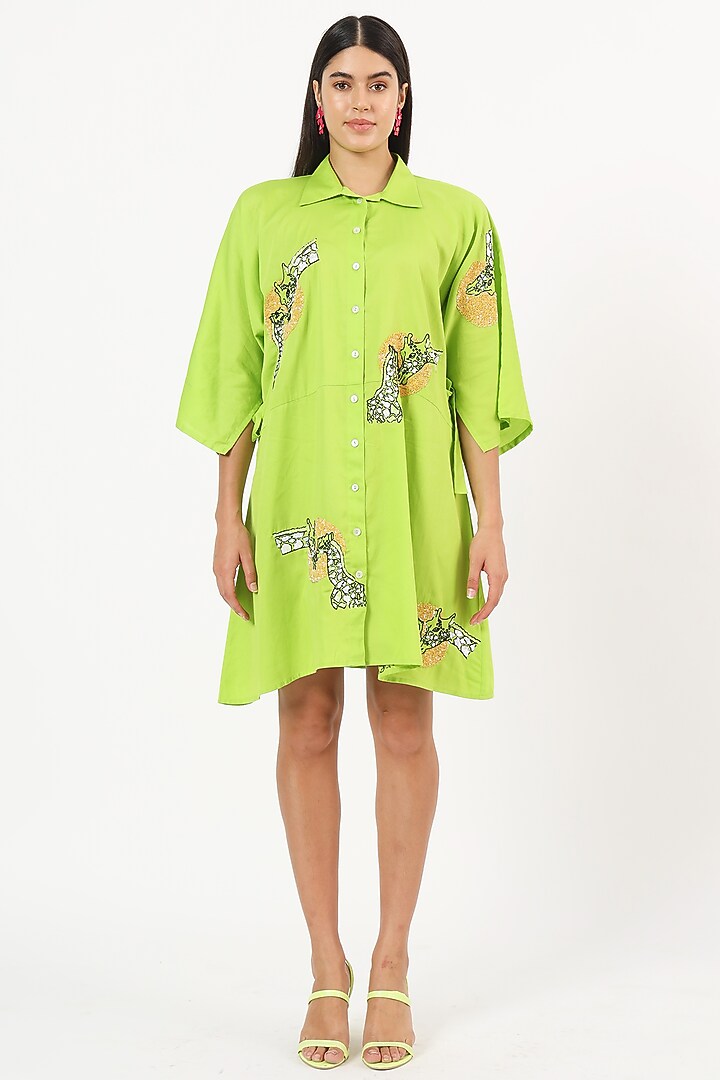 Green Cotton Giraffe Sequins Embroidered Mini Summer Dress by Ruhr India at Pernia's Pop Up Shop