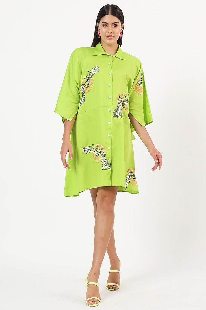Green Cotton Giraffe Sequins Embroidered Mini Summer Dress by Ruhr India at Pernia's Pop Up Shop