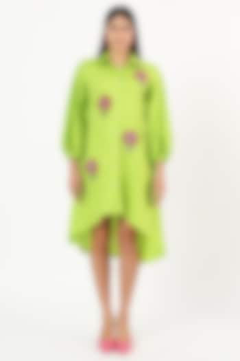 Green Cotton Floral Embroidered High-Low Summer Dress by Ruhr India at Pernia's Pop Up Shop