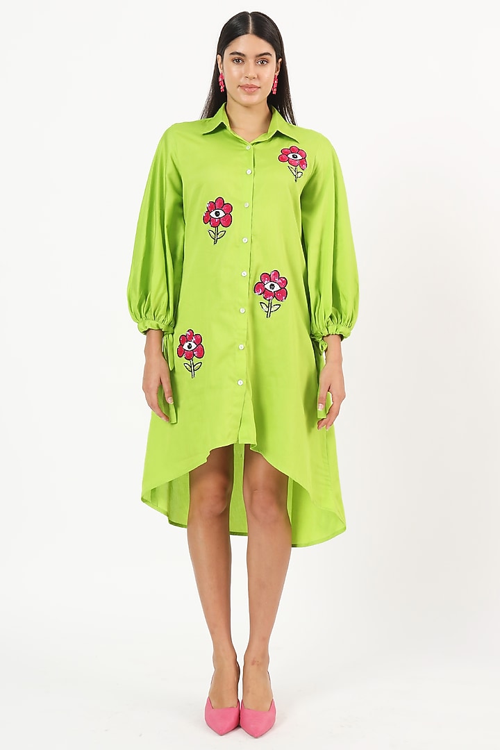 Green Cotton Floral Embroidered High-Low Summer Dress by Ruhr India at Pernia's Pop Up Shop