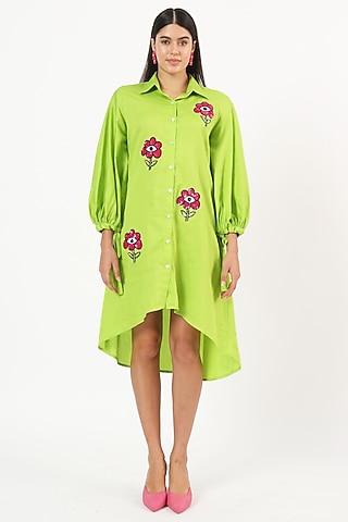 Green Cotton Floral Embroidered High-Low Dress by Ruhr India