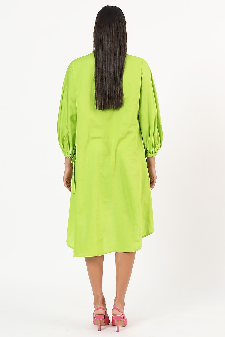 Green Cotton Floral Embroidered High-Low Summer Dress by Ruhr India at Pernia's Pop Up Shop
