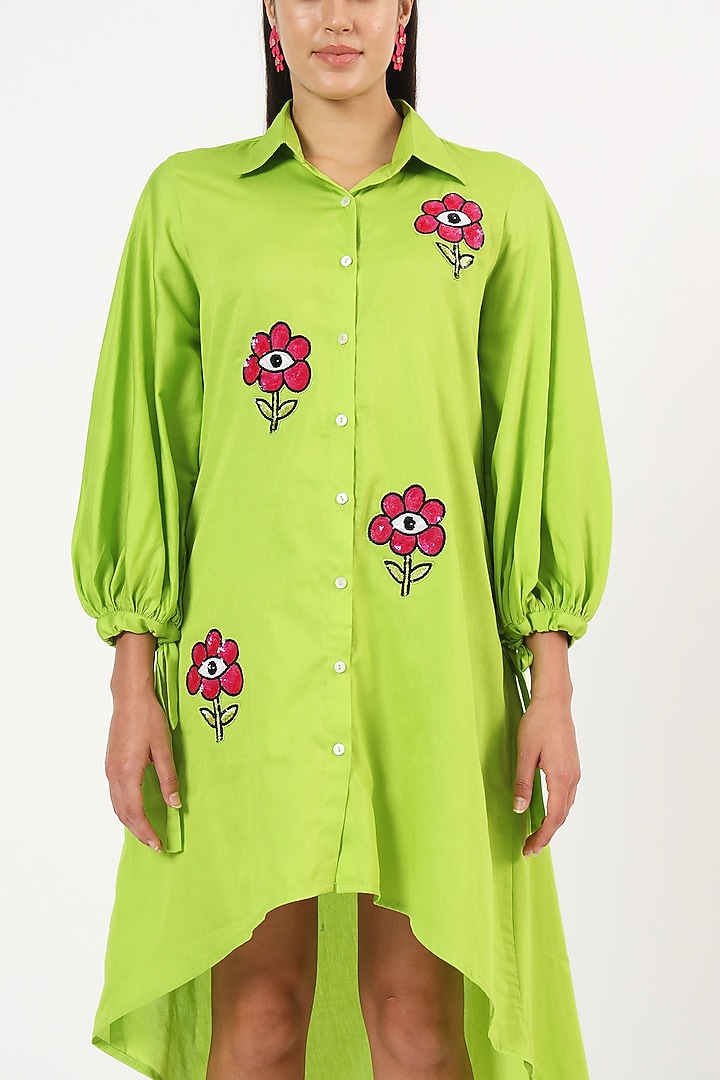 Green Cotton Floral Embroidered High-Low Summer Dress by Ruhr India at Pernia's Pop Up Shop