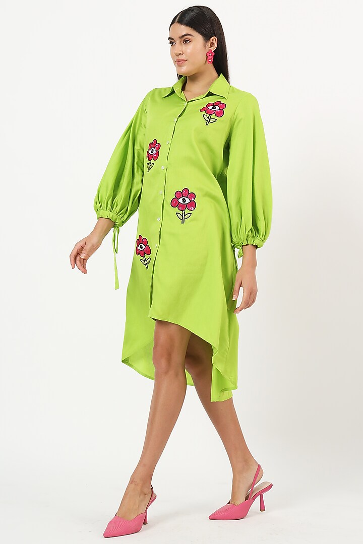 Green Cotton Floral Embroidered High-Low Summer Dress by Ruhr India at Pernia's Pop Up Shop