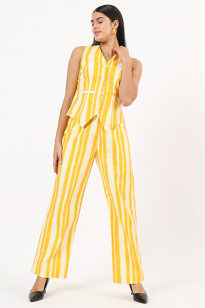 Yellow & White Cotton Linen Striped Co-Ord Set by Ruhr India at Pernia's Pop Up Shop