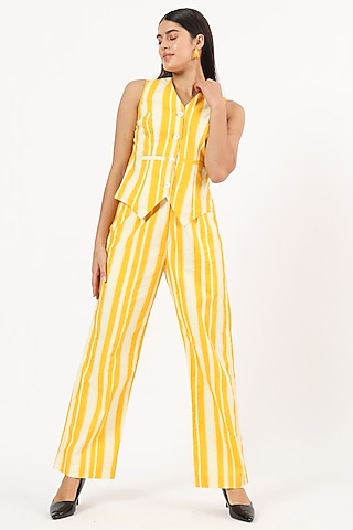 Yellow & White Cotton Linen Striped Co-Ord Set by Ruhr India