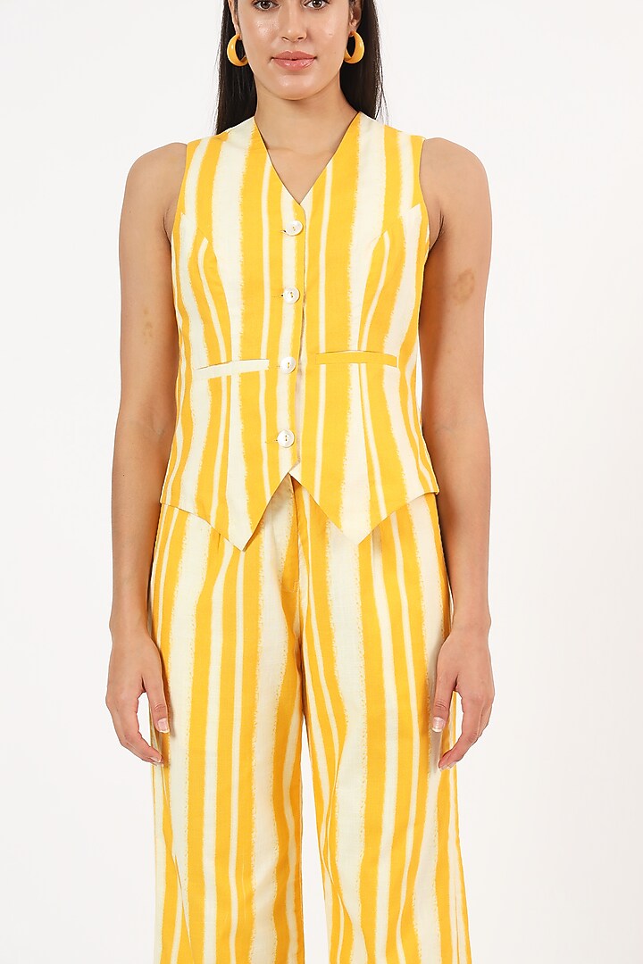 Yellow & White Cotton Linen Striped Co-Ord Set by Ruhr India at Pernia's Pop Up Shop