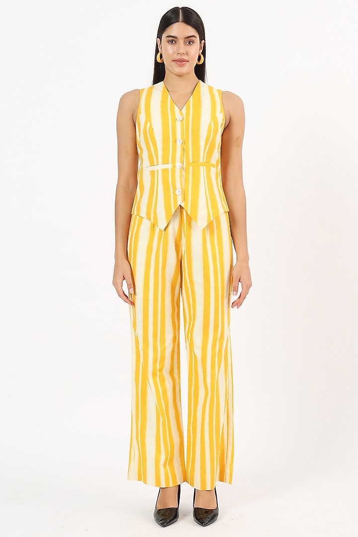Yellow & White Cotton Linen Striped Co-Ord Set by Ruhr India at Pernia's Pop Up Shop