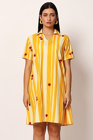 Yellow Cotton Stripe Printed Mini Dress by Ruhr India